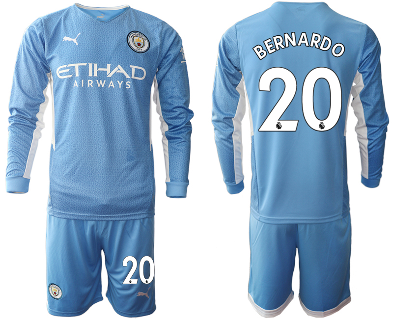 Men 2021-2022 Club Manchester city home Light blue Long Sleeve #20 Soccer Jersey